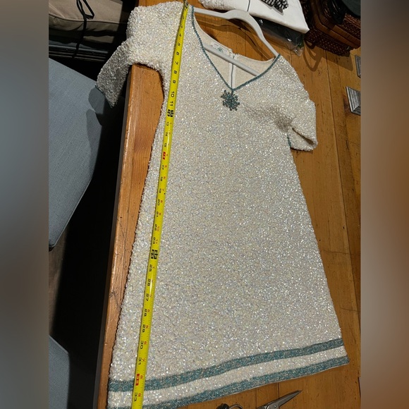 Vintage Gene Shelly’s Boutique White Sequin Blue Bead Rhinestone Mini Dress - Picture 12 of 15
